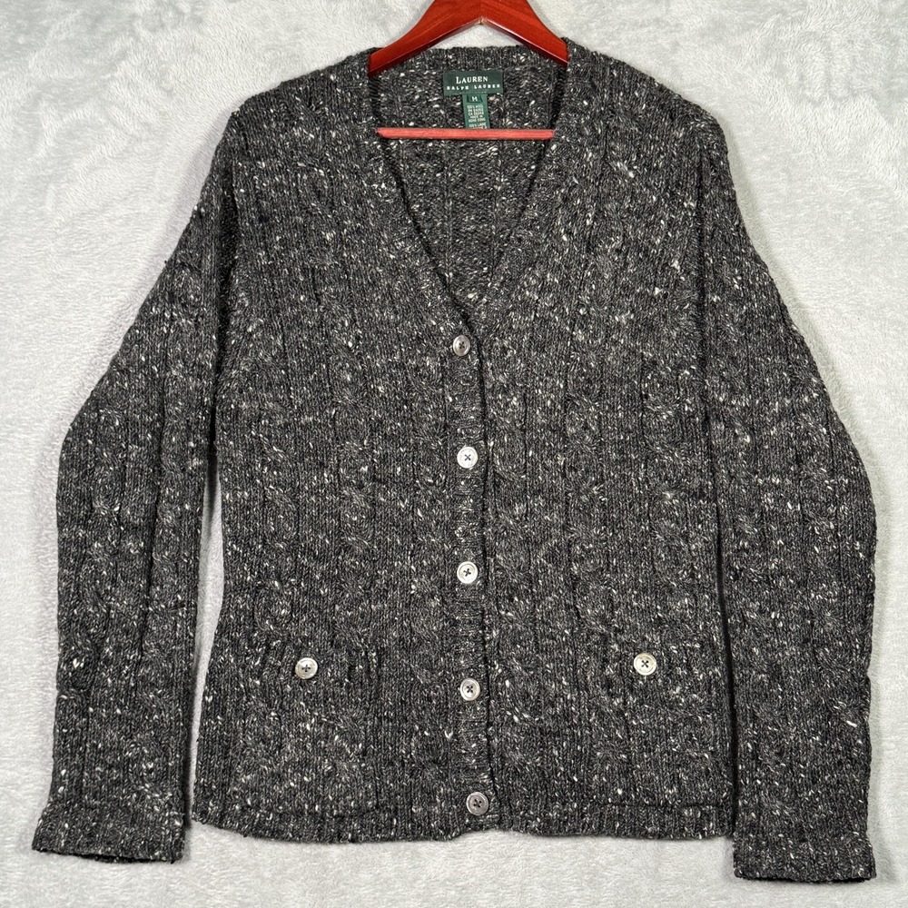 Lauren Ralph Lauren‎ Sweater Womens Medium Gray 100% Wool Tweed Knit Cardigan